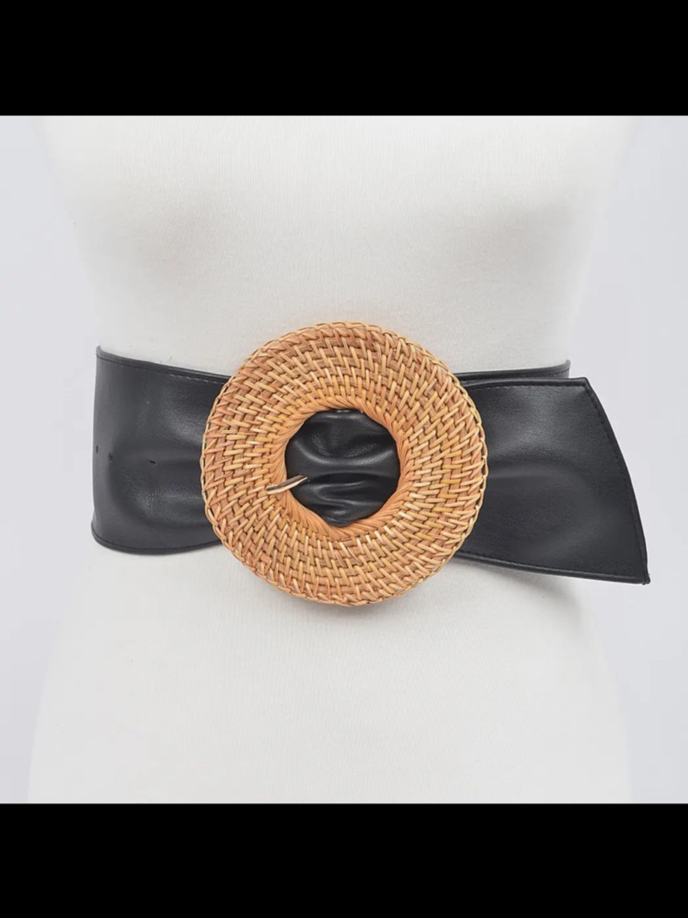 Faux leather Wide Waist Belt with Woven Round Buckle - Picture 5 of 5